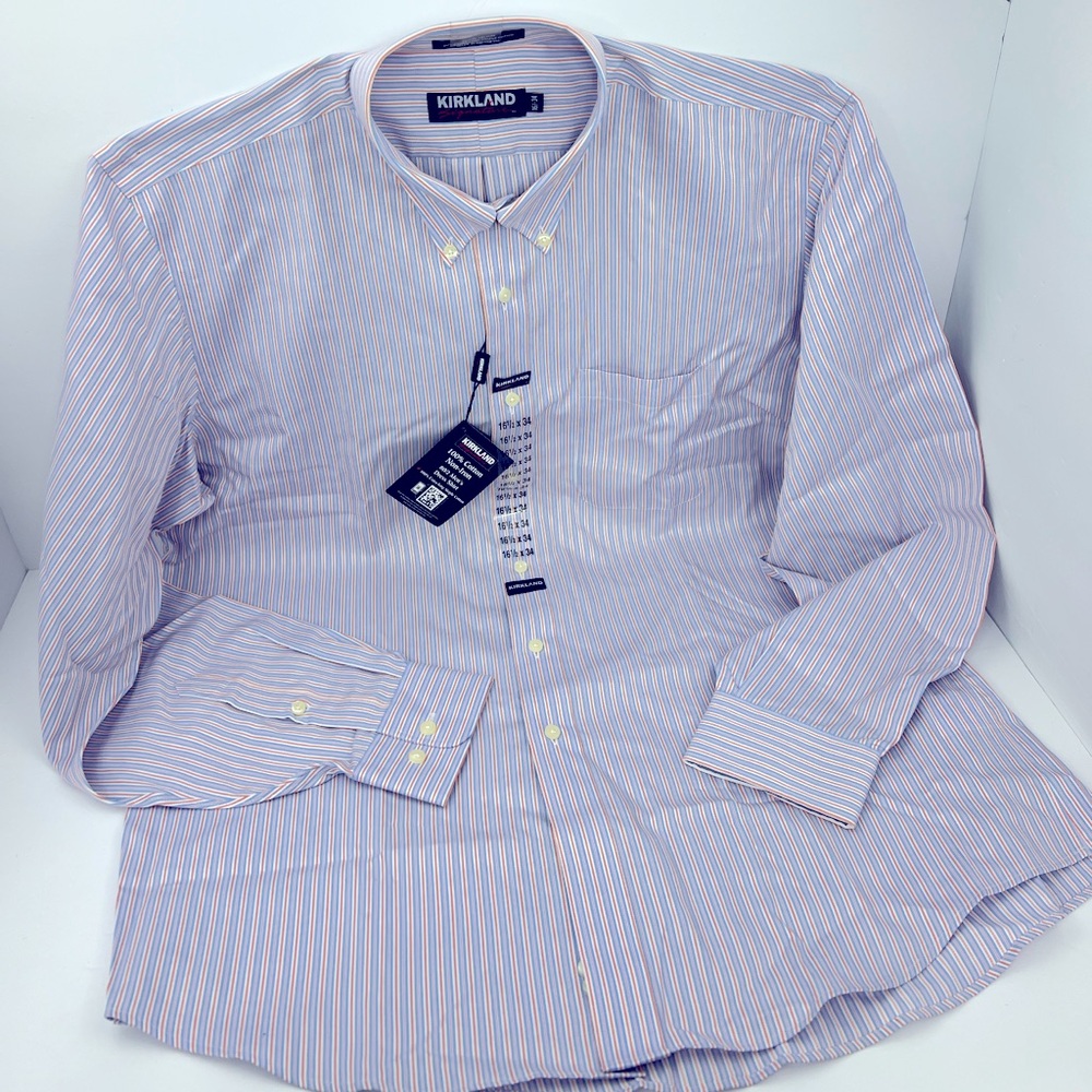 KIRKLAND SIGNATURE 100%COTTON BLUE/ORANGE NON-IRON MEN’S DRESS SHIRT,SIZE16.5X34